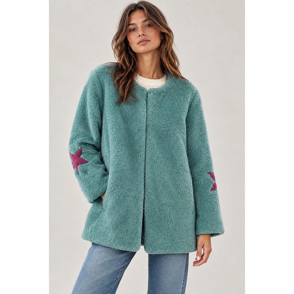 Jayley Collection Aqua Blue Faux Fur Coat Pink Star Sleeve Jacket Statement M